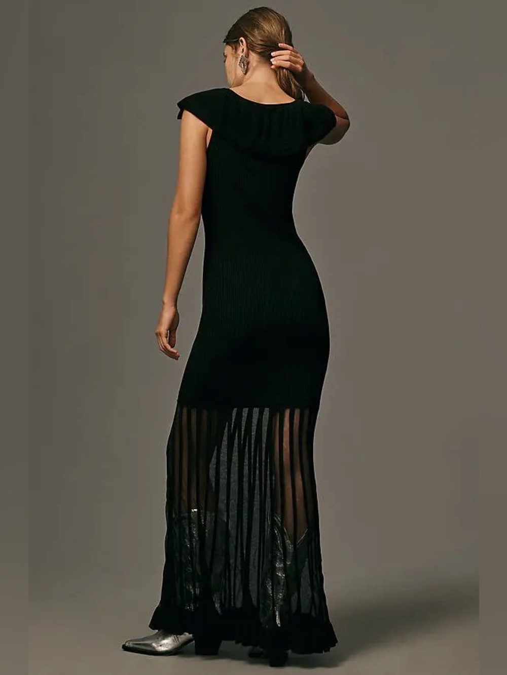 Anthropologie Maxi Dress Sweater Black Cap Sleeve V Neck Elegant Knit Sheer chic - Picture 4 of 14